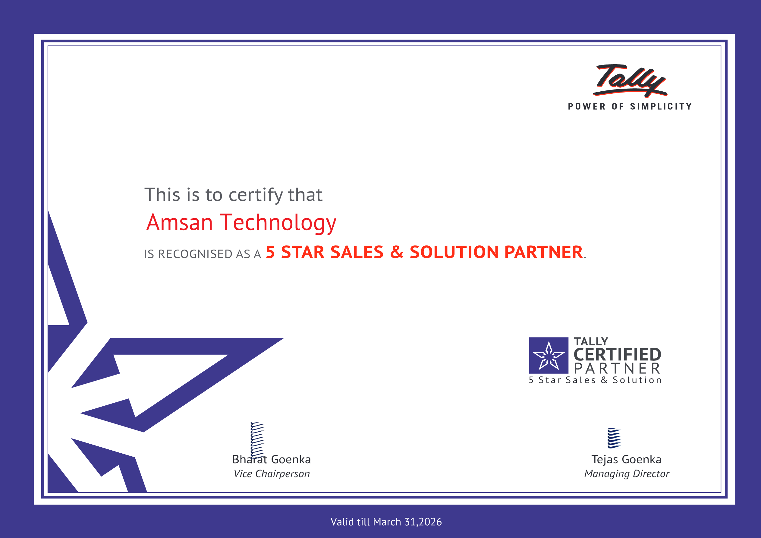 Tally 5 Star Partner Certificate